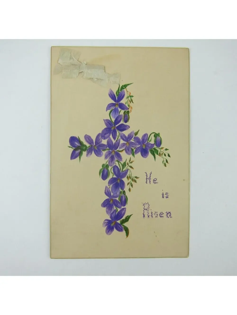 Victorian Greeting Card Easter Purple Flowers Christian Cross Ribbon Gold Edge